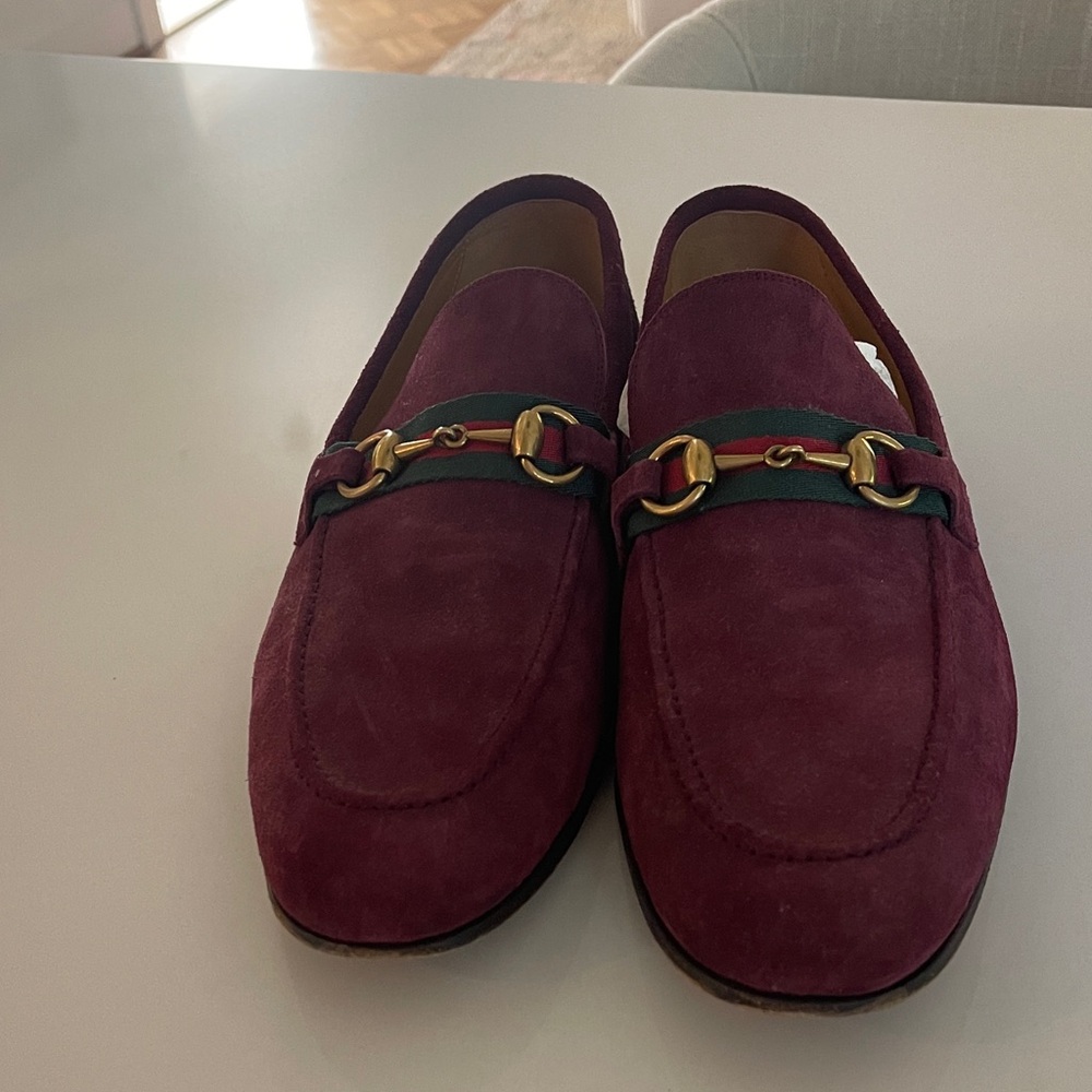 Men’s Gucci Burgundy Horsebit Suede Loafers with Gold Accent